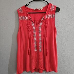 Caffe Marrakesh Sleeveless Blouse Women's Size Large,  Coral W/  Geometric Print